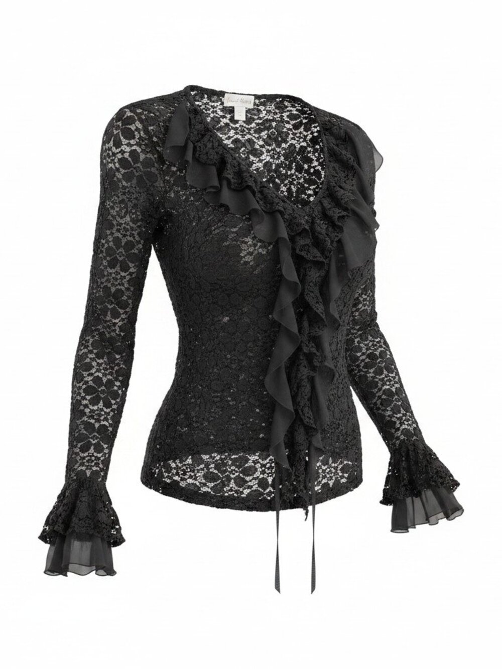 Joseph Ribkoff Black Floral Lace Ruffle Blouse – Size 8
